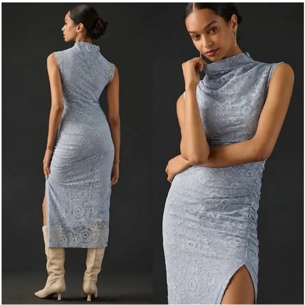 The Maya Ruched Cowl-Neck Lace Dress in Light Blue Sz M